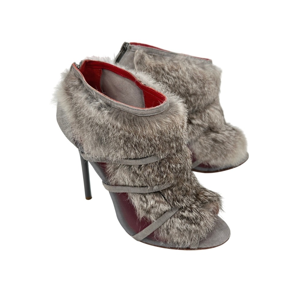 Charles Jourdan Paris Gray Rabbit Fur Mesh Peep Toe Stiletto Booties Heels 8.5M